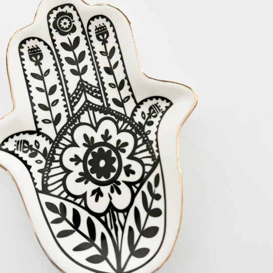 Black and White Ceramic Hamsa Palm Jewelry Tray