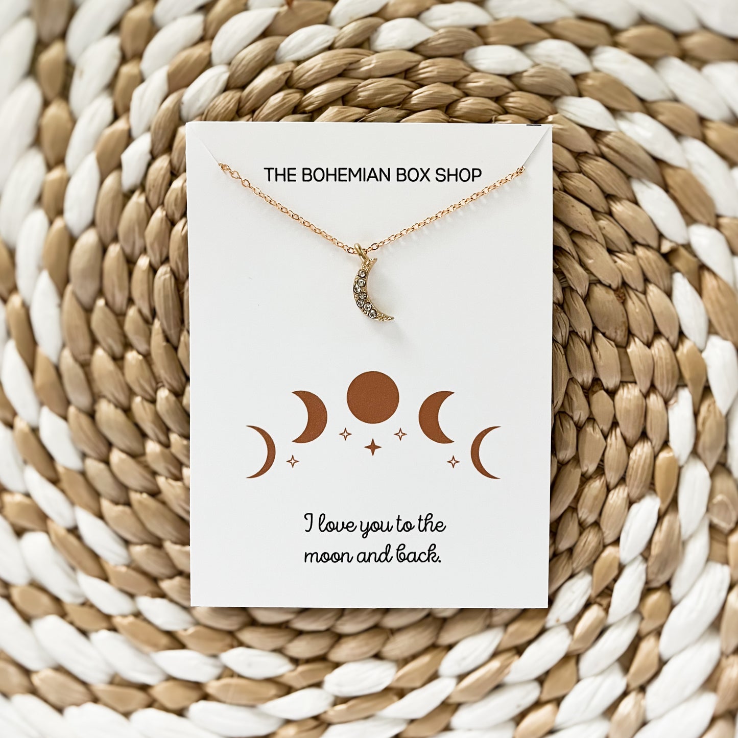 Boho moon necklace with the quote I love you to the moon and back ￼