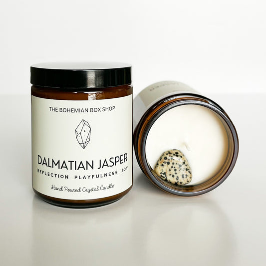 Dalmatian Jasper Crystal Soy Candle / Refection, Playfulness, Joy